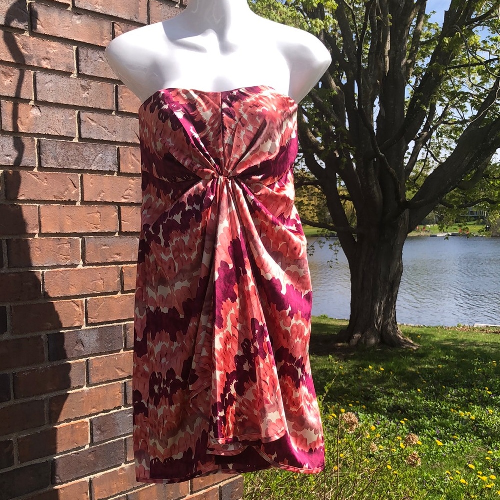 Strapless Twist-Front Pink & Coral Print Dress